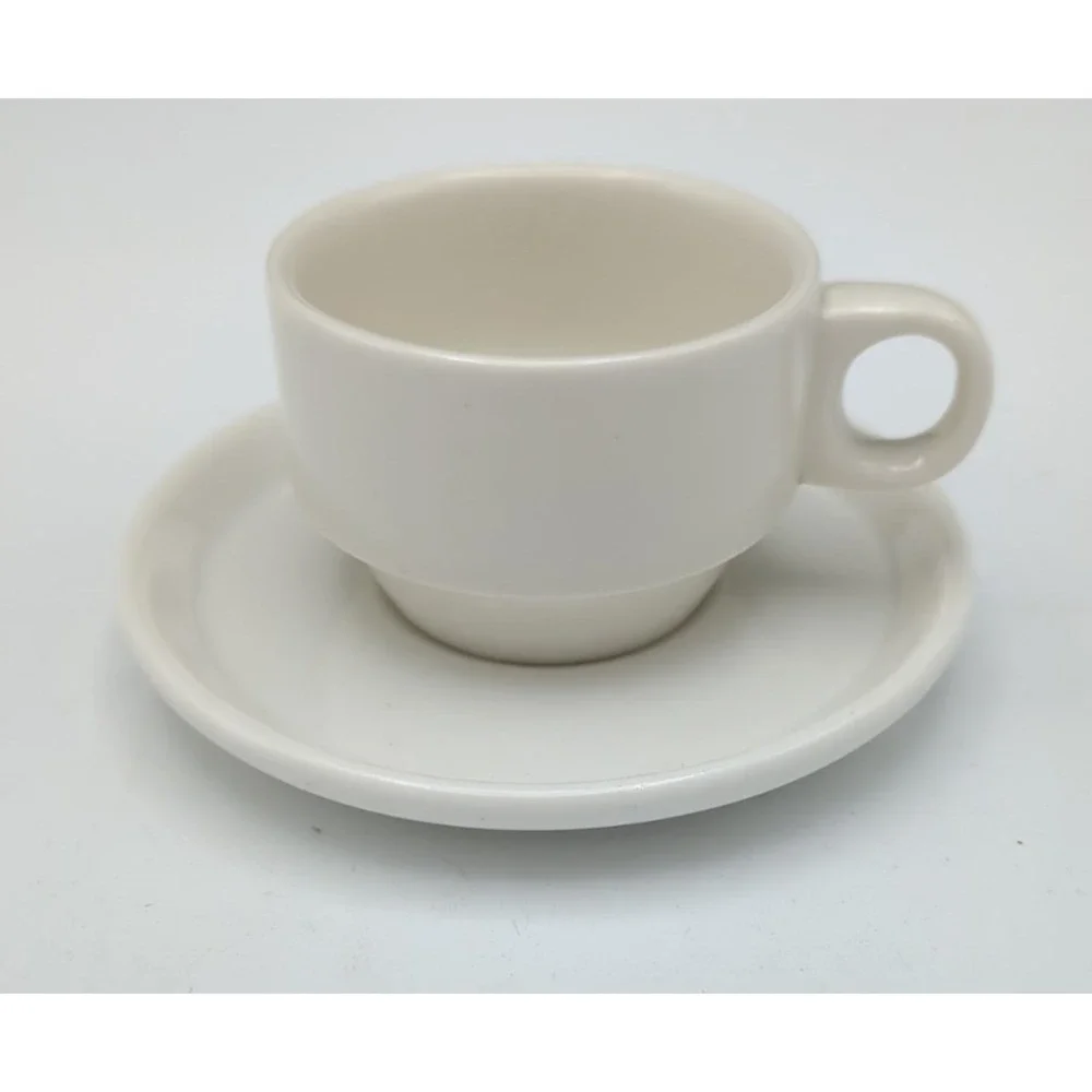 Set 6 European Espresso Demitasse 80ml 2.5 oz Cup & Saucer Modern White Stacking
